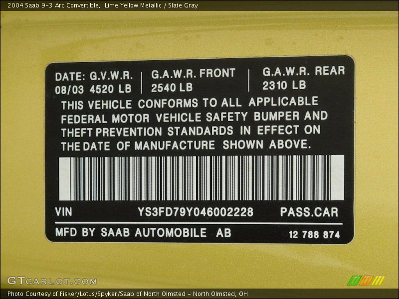 Lime Yellow Metallic / Slate Gray 2004 Saab 9-3 Arc Convertible