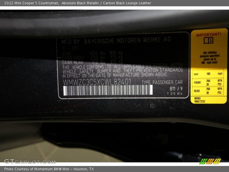 Absolute Black Metallic / Carbon Black Lounge Leather 2012 Mini Cooper S Countryman