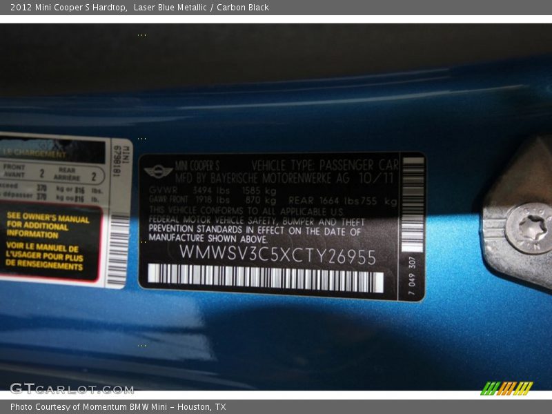 Laser Blue Metallic / Carbon Black 2012 Mini Cooper S Hardtop