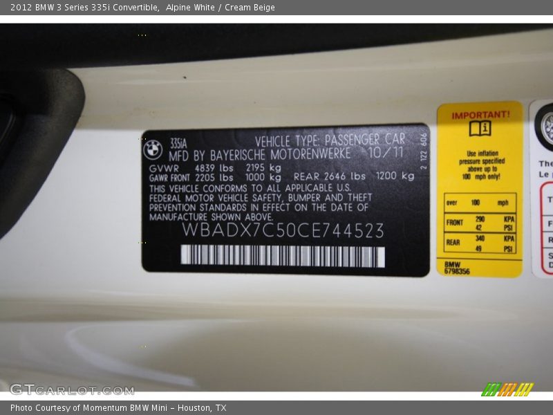 Alpine White / Cream Beige 2012 BMW 3 Series 335i Convertible