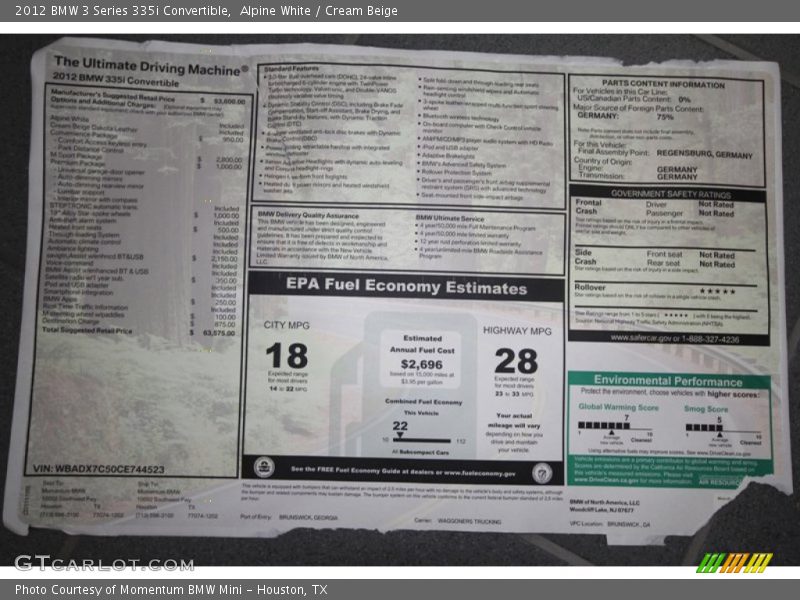  2012 3 Series 335i Convertible Window Sticker