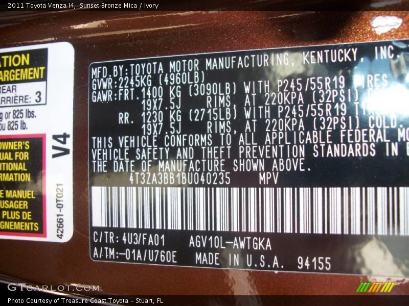 2011 Venza I4 Sunset Bronze Mica Color Code 4U3