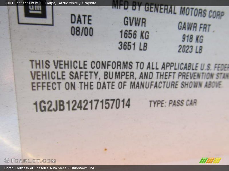Arctic White / Graphite 2001 Pontiac Sunfire SE Coupe