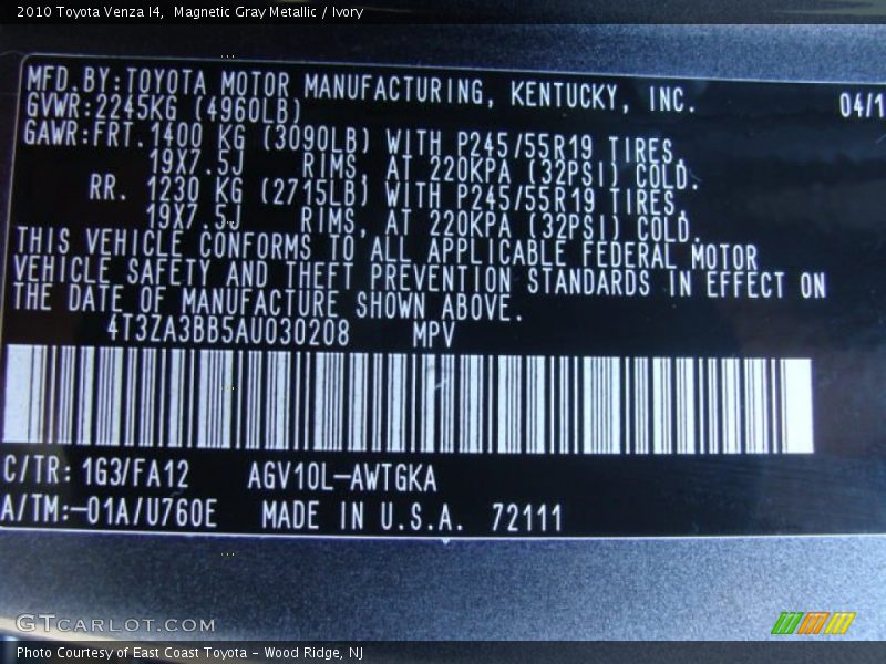 2010 Venza I4 Magnetic Gray Metallic Color Code 1G3