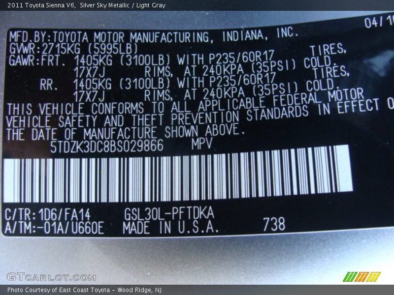 Silver Sky Metallic / Light Gray 2011 Toyota Sienna V6