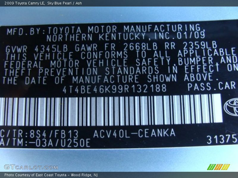 2009 Camry LE Sky Blue Pearl Color Code 8S4