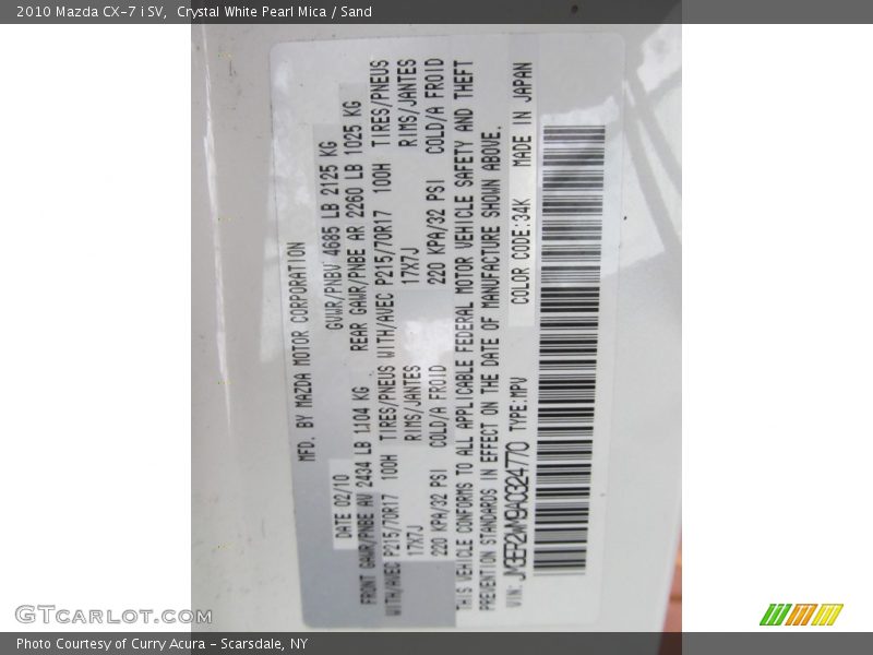 2010 CX-7 i SV Crystal White Pearl Mica Color Code 34K