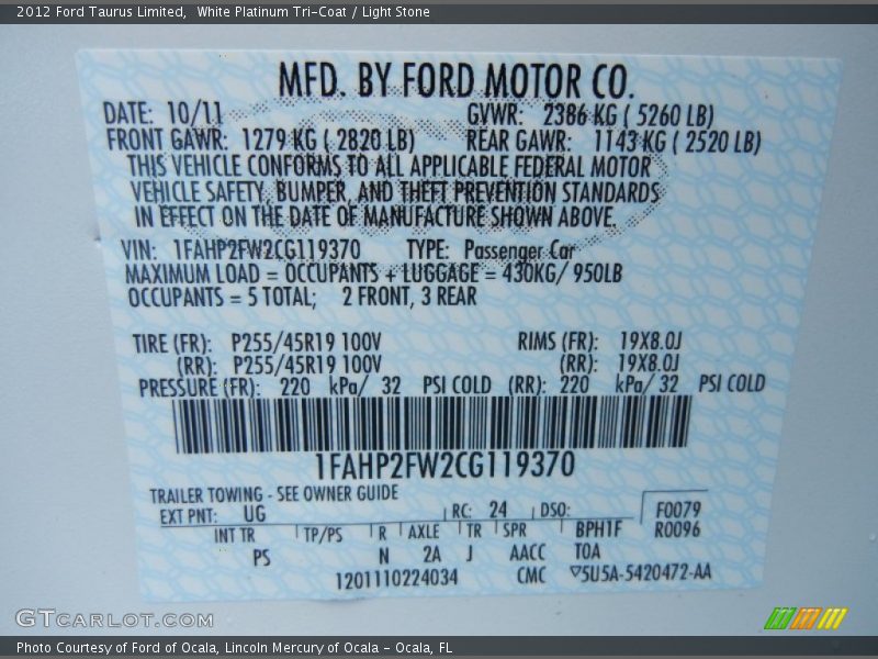 2012 Taurus Limited White Platinum Tri-Coat Color Code UG