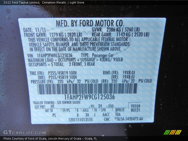 2012 Taurus Limited Cinnamon Metallic Color Code HT