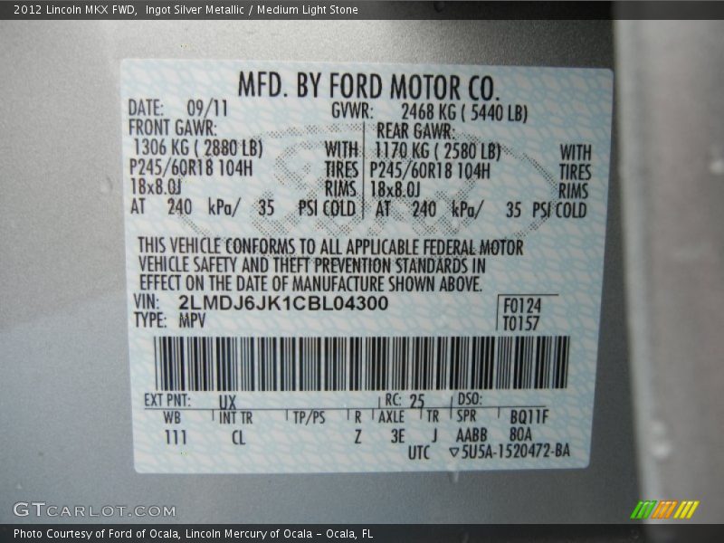 2012 MKX FWD Ingot Silver Metallic Color Code UX