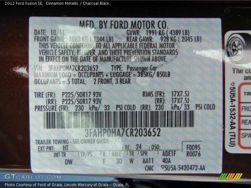 Cinnamon Metallic / Charcoal Black 2012 Ford Fusion SE