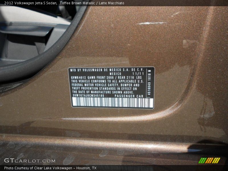 Toffee Brown Metallic / Latte Macchiato 2012 Volkswagen Jetta S Sedan