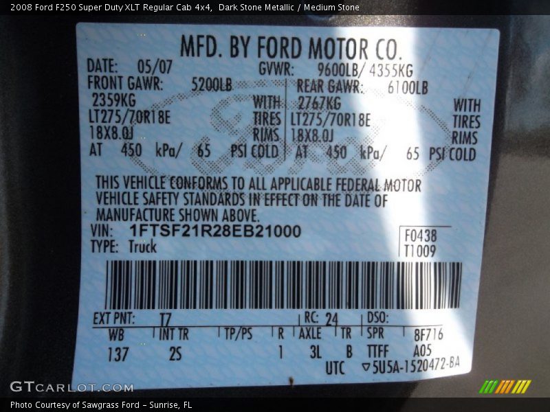 2008 F250 Super Duty XLT Regular Cab 4x4 Dark Stone Metallic Color Code T7