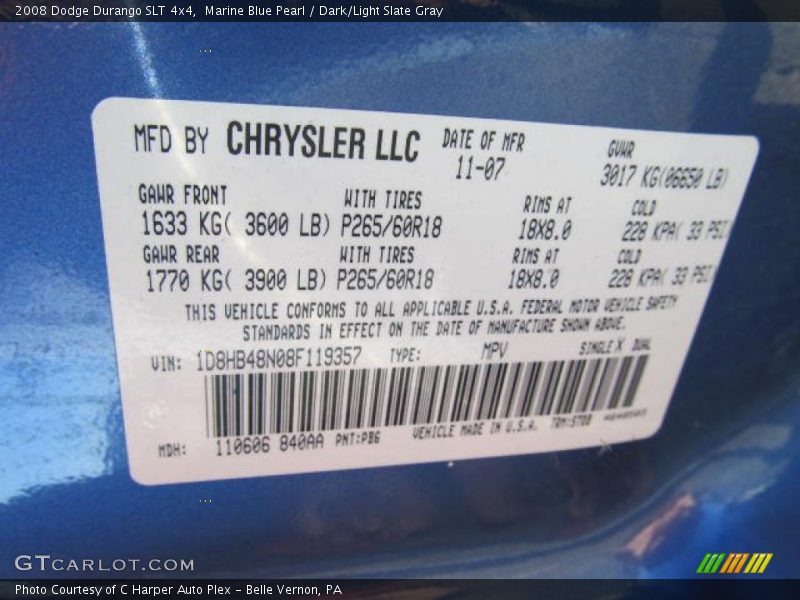 Marine Blue Pearl / Dark/Light Slate Gray 2008 Dodge Durango SLT 4x4