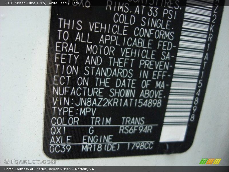 2010 Cube 1.8 S White Pearl Color Code QX1