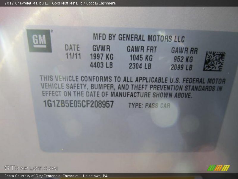 Gold Mist Metallic / Cocoa/Cashmere 2012 Chevrolet Malibu LS