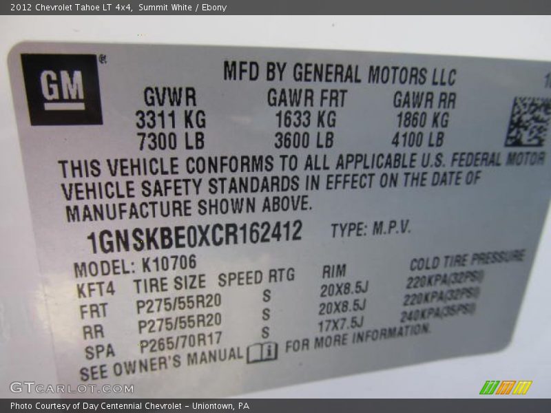 Summit White / Ebony 2012 Chevrolet Tahoe LT 4x4