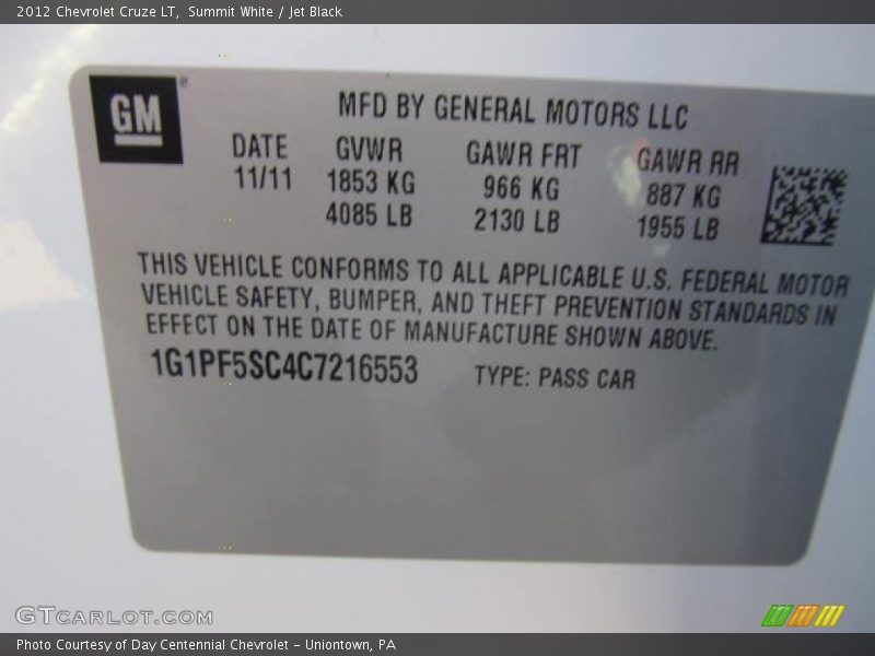 Summit White / Jet Black 2012 Chevrolet Cruze LT
