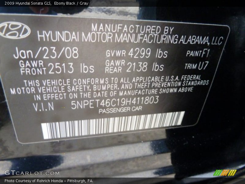Ebony Black / Gray 2009 Hyundai Sonata GLS
