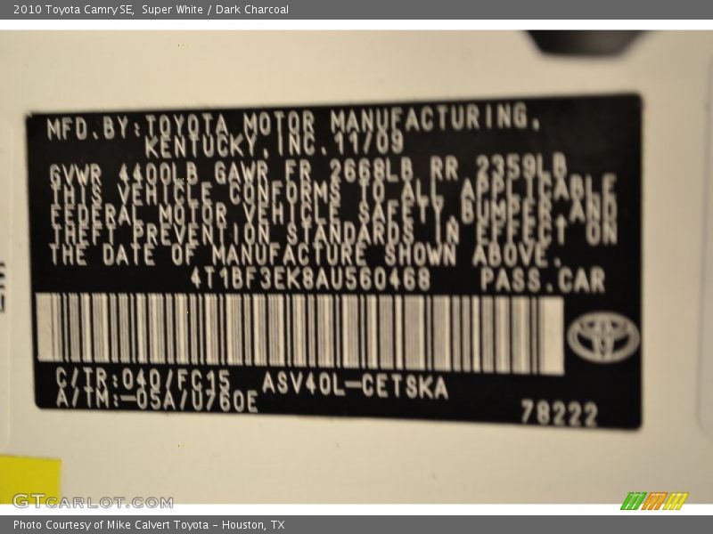 2010 Camry SE Super White Color Code 040