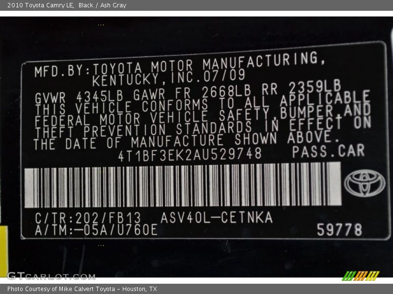 2010 Camry LE Black Color Code 202