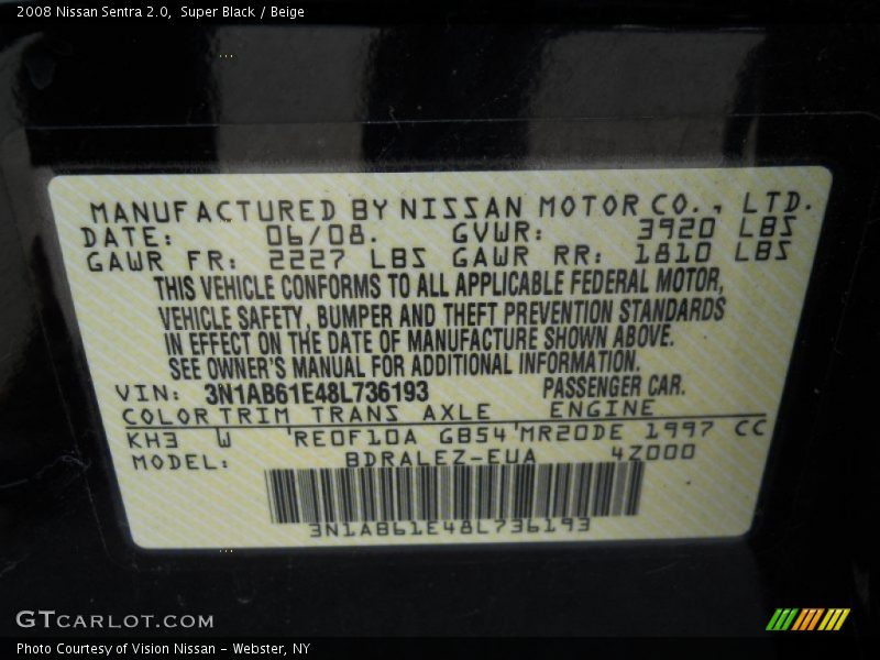 Super Black / Beige 2008 Nissan Sentra 2.0