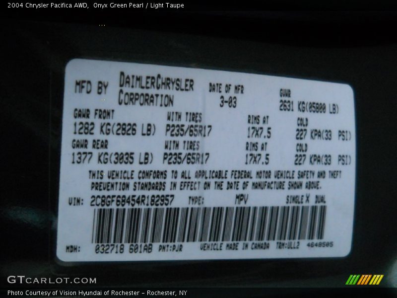 2004 Pacifica AWD Onyx Green Pearl Color Code PJR