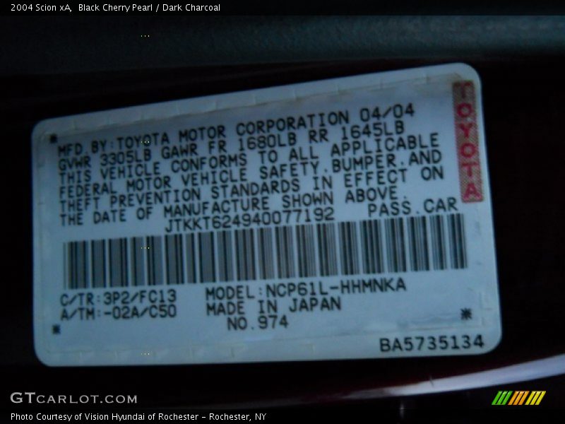 Black Cherry Pearl / Dark Charcoal 2004 Scion xA