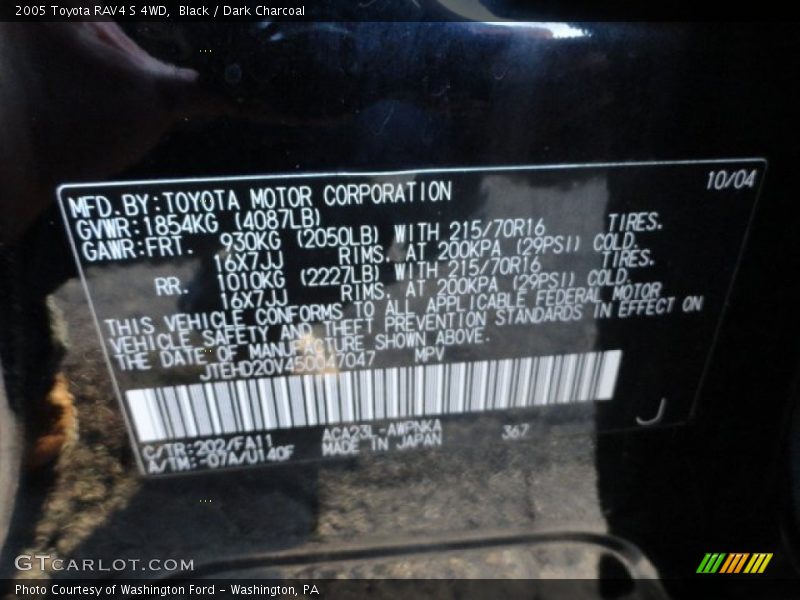 2005 RAV4 S 4WD Black Color Code 202