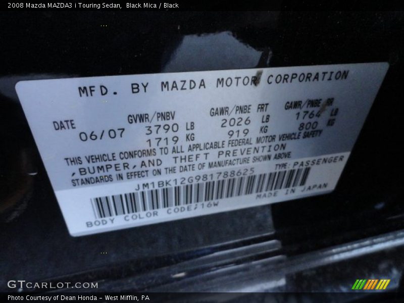 2008 MAZDA3 i Touring Sedan Black Mica Color Code 16W