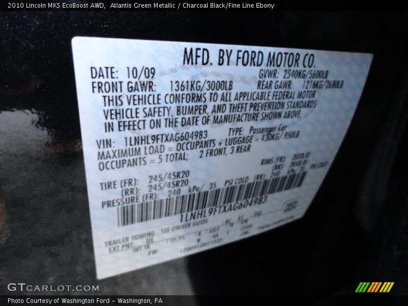2010 MKS EcoBoost AWD Atlantis Green Metallic Color Code UL