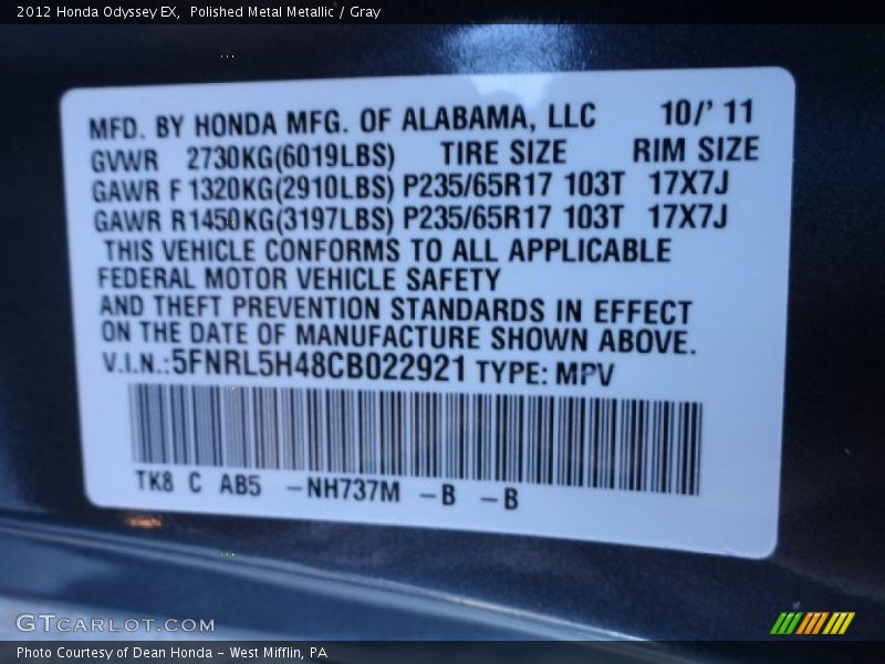 NH737 - 2012 Honda Odyssey EX