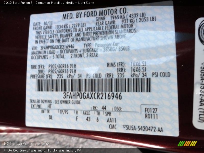 2012 Fusion S Cinnamon Metallic Color Code HT