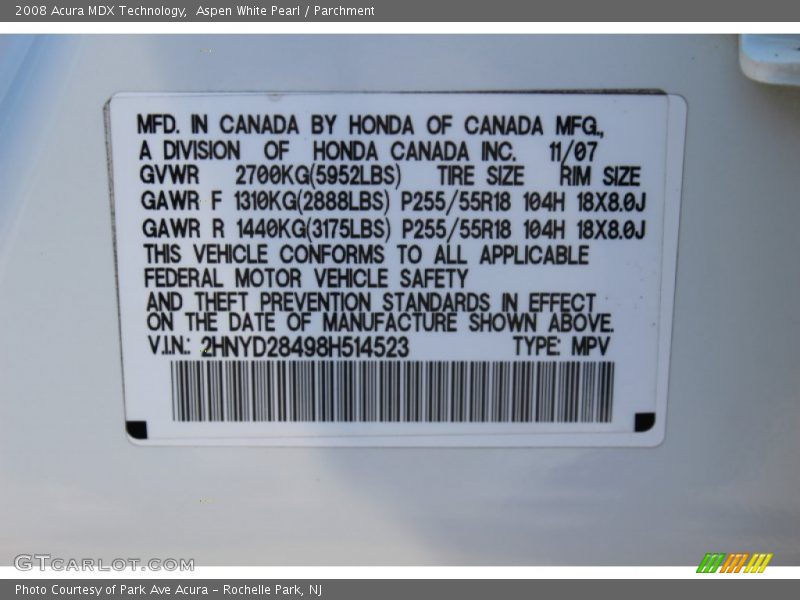Aspen White Pearl / Parchment 2008 Acura MDX Technology