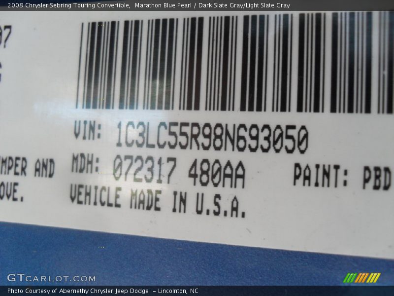 2008 Sebring Touring Convertible Marathon Blue Pearl Color Code PBD