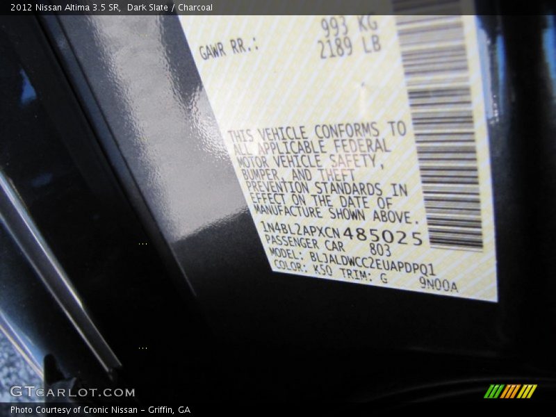 2012 Altima 3.5 SR Dark Slate Color Code K50