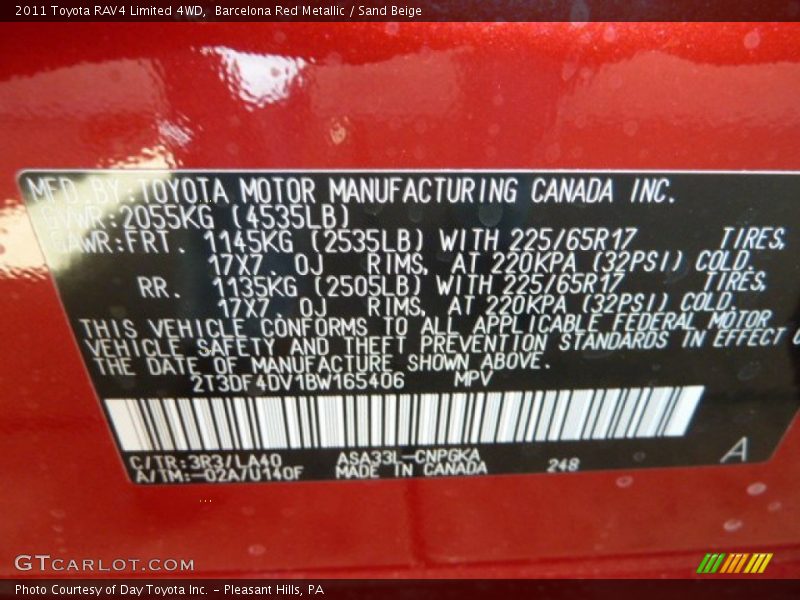2011 RAV4 Limited 4WD Barcelona Red Metallic Color Code 3R3