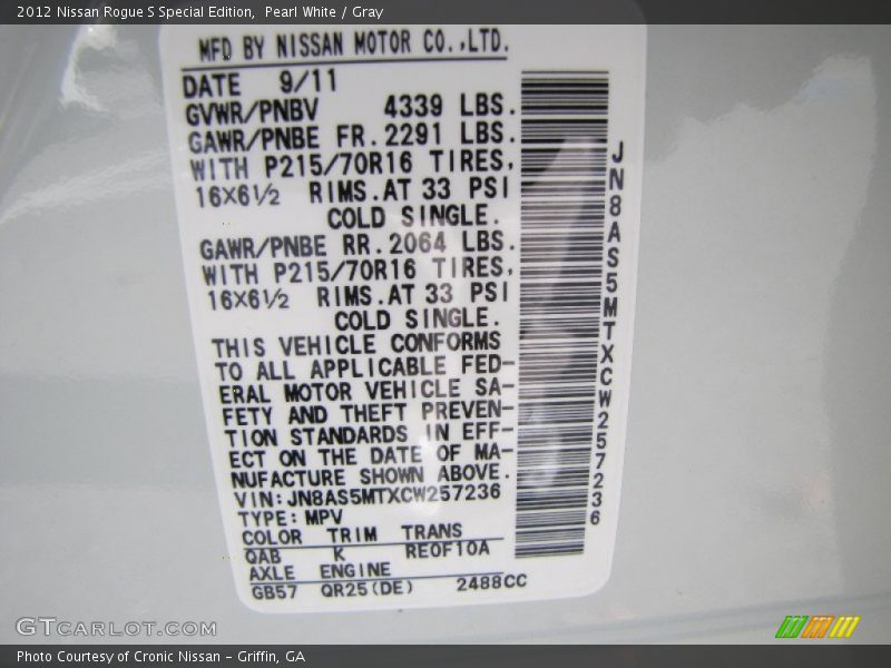Pearl White / Gray 2012 Nissan Rogue S Special Edition