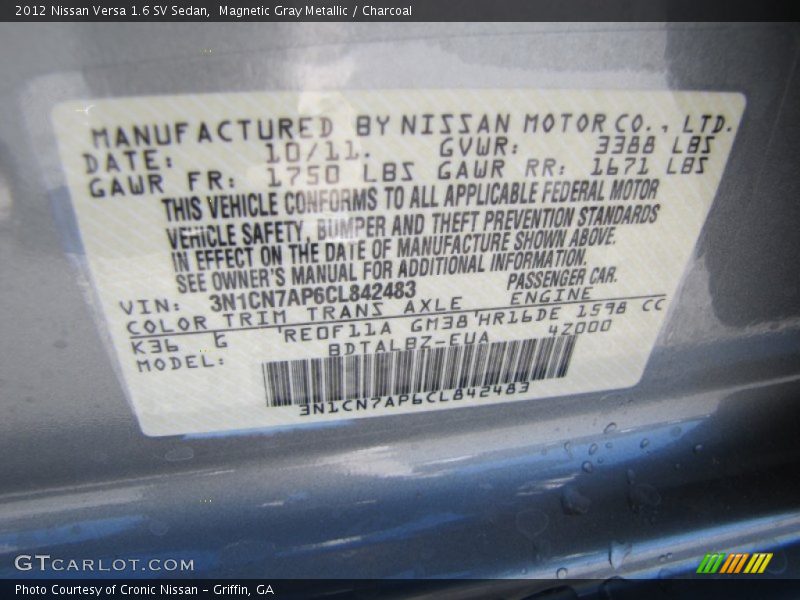 2012 Versa 1.6 SV Sedan Magnetic Gray Metallic Color Code K36