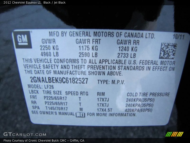 Black / Jet Black 2012 Chevrolet Equinox LS