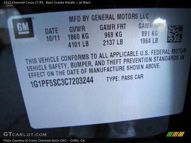 Black Granite Metallic / Jet Black 2012 Chevrolet Cruze LT/RS