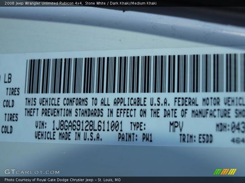 2008 Wrangler Unlimited Rubicon 4x4 Stone White Color Code PW1