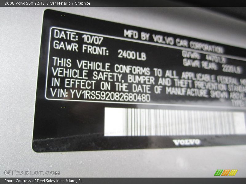 Silver Metallic / Graphite 2008 Volvo S60 2.5T