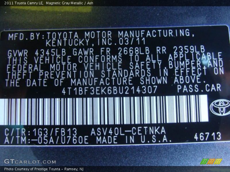 2011 Camry LE Magnetic Gray Metallic Color Code 1G3