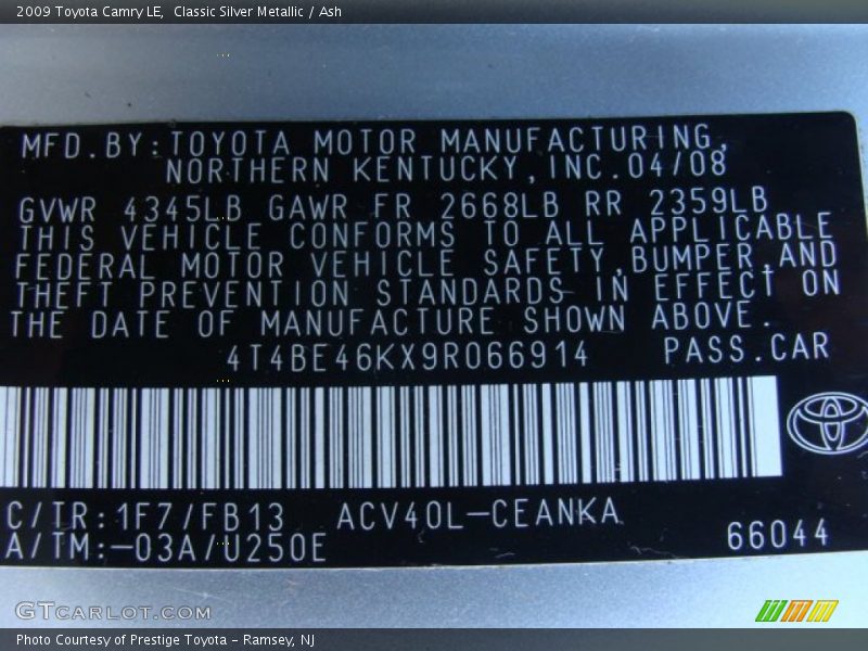 Classic Silver Metallic / Ash 2009 Toyota Camry LE