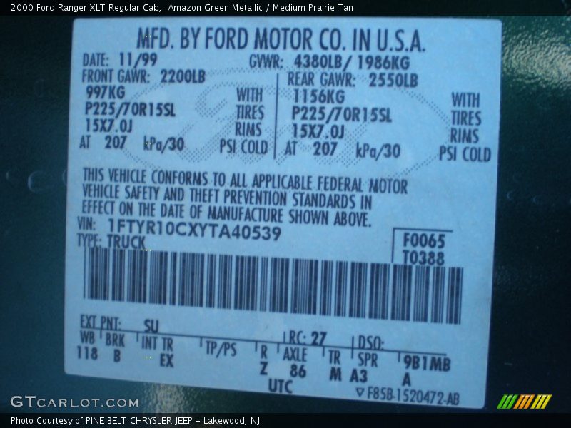 2000 Ranger XLT Regular Cab Amazon Green Metallic Color Code SU