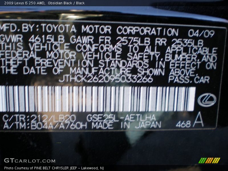 2009 IS 250 AWD Obsidian Black Color Code 212