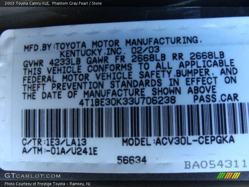 2003 Camry XLE Phantom Gray Pearl Color Code 1E3