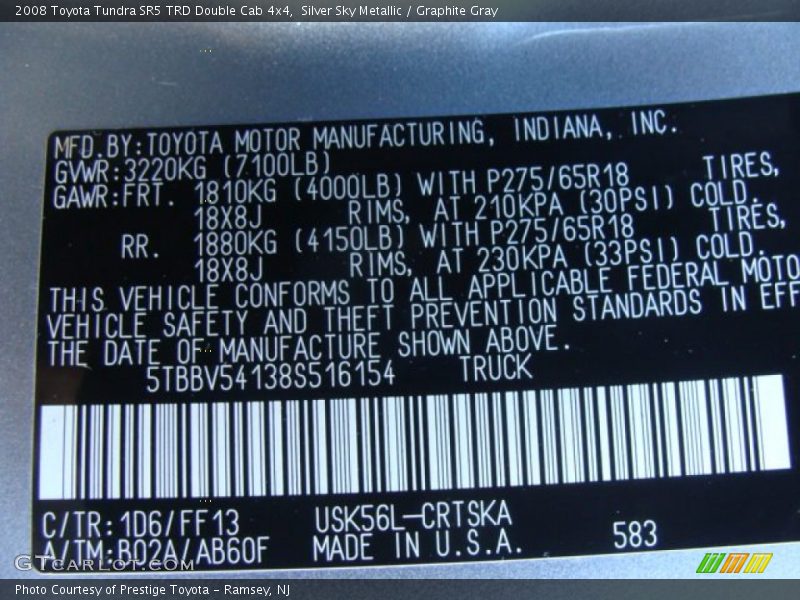 2008 Tundra SR5 TRD Double Cab 4x4 Silver Sky Metallic Color Code 1D6