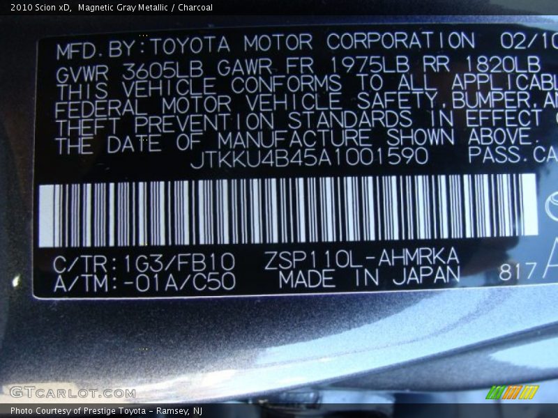 2010 xD  Magnetic Gray Metallic Color Code 1G3